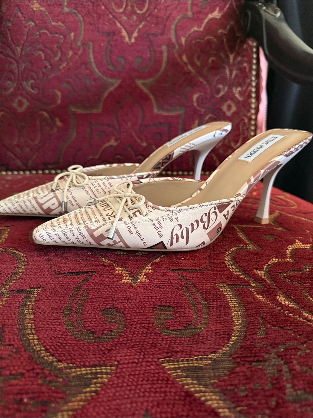 Steve Madden White Newsprint Pointed Mules with Bow